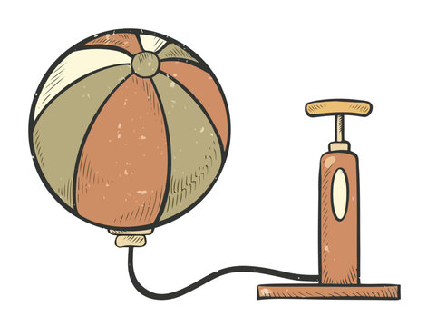Beach ball being inflated by a hand pump on a white background.