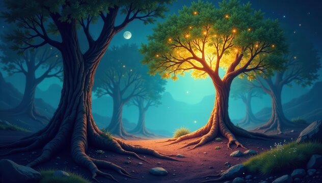 Glowing roots climb, upside-down trees form ethereal canopy , digital art, colorful