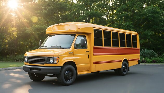 Yellow mini school bus parked outdoors on an asphalt drive with sun flare and green trees
