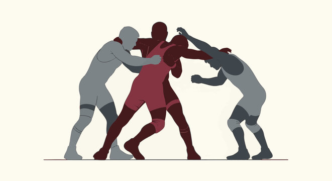 Minimalist vector illustration of multiple male wrestler silhouettes engaged in grappling, clinching, and takedown maneuvers wearing singlets on a neutral cream background.