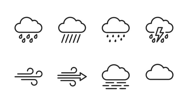 Weather icons with rain clouds and wind symbols