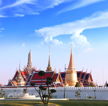 Wat Pho (Temple of the Reclining Buddha, Wat Phra Chetuphon) complex, sightseeing landmark of Bangkok, Thailand. Wat Pho on evening sky background. Topic of vacation, travel, trip, cruises, tour