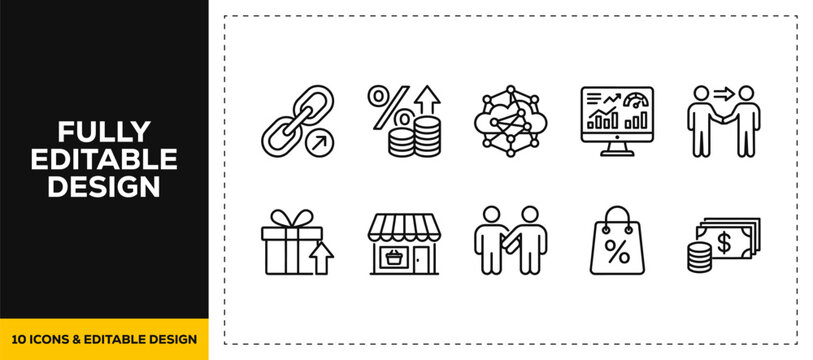flat vector illustration line art icon bundle set design highlighting discount percentage gift present network connection analytics and team group for modern web ui app