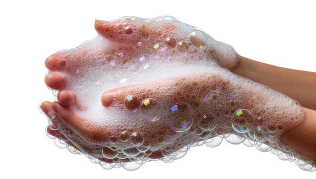 Hands covered in rich white soap foam with colorful iridescent bubbles