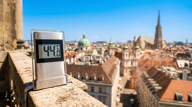 Digital thermometer showing 44&deg;C on a balcony with city view.