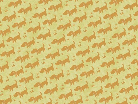 ベージュを背景に黄土色のダックスフンドのシルエット模様が入った背景素材イラスト