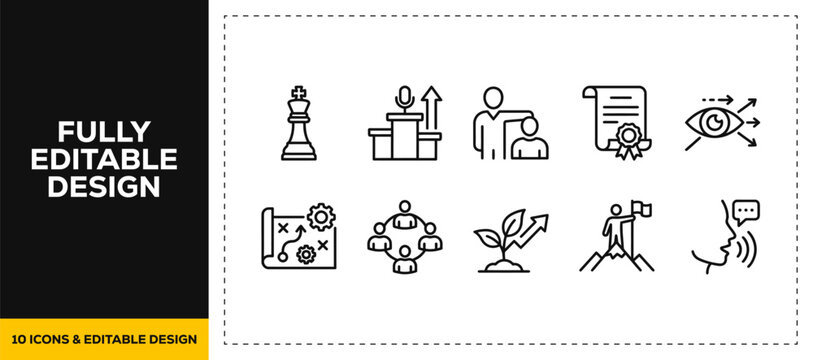 flat vector illustration line art icon bundle set design depicting strategic planning chess piece target objective business team and vision eye ui for modern web ui app