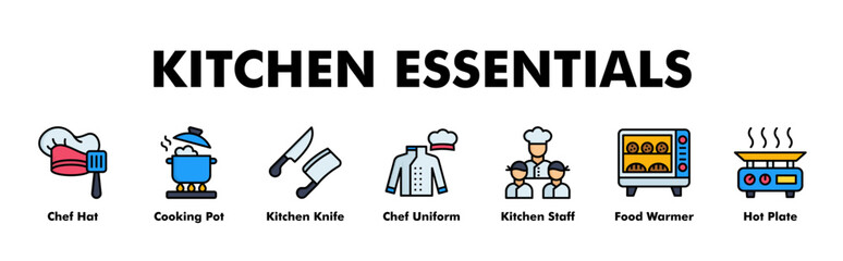 Fototapeta premium KITCHEN ESSENTIALS web banner icon vector illustration concept for business with icon of Chef Hat, Cooking Pot, Kitchen Knife, Chef Uniform, Kitchen Staff, Food Warmer, Hot Plate