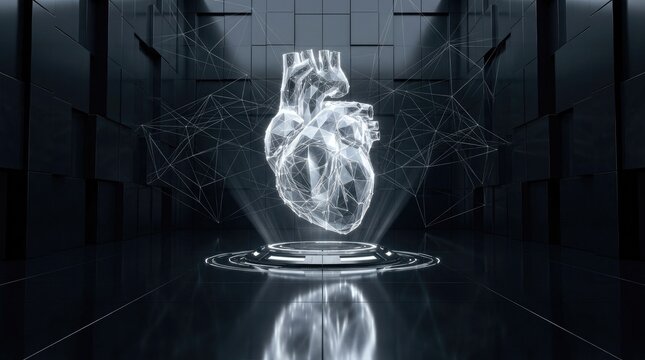Digital transparent heart hologram floating in futuristic dark room with network connections