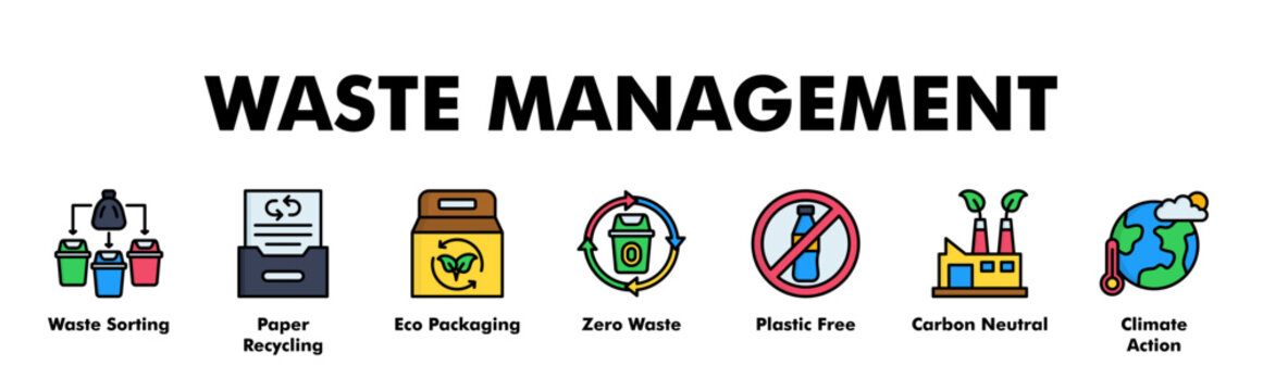 WASTE MANAGEMENT web banner icon vector illustration concept for business with icon of Waste Sorting, Paper Recycling, Eco Packaging, Zero Waste, Plastic Free, Carbon Neutral, Climate Action