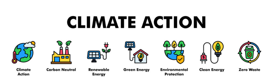 CLIMATE ACTION web banner icon vector illustration concept for business with icon of Climate Action, Carbon Neutral, Renewable Energy, Green Energy, Environmental Protection, Clean Energy, Zero Waste
