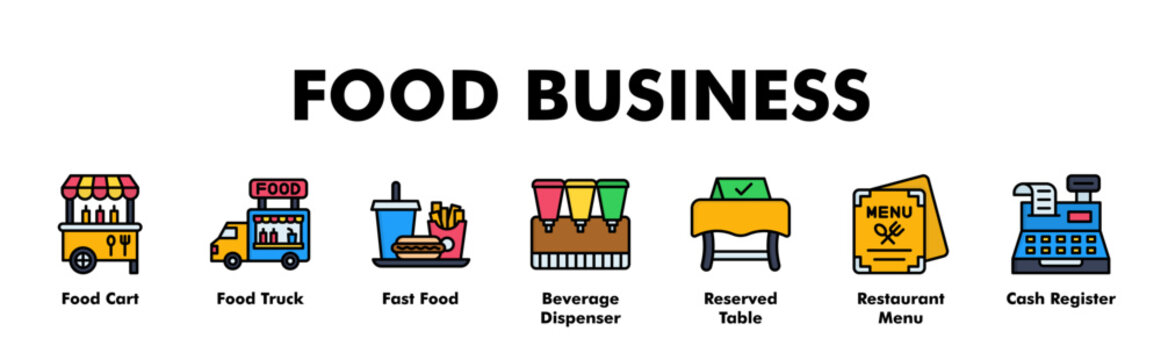 FOOD BUSINESS web banner icon vector illustration concept for business with icon of ood Cart, Food Truck, Fast Food, Beverage Dispenser, Reserved Table, Restaurant Menu, Cash Register