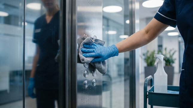 Professional cleaner wearing gloves wipes elevator buttons with a microfiber cloth for hygienic maintenance