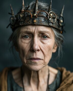 Portrait of an old woman in a rustic steampunk crown