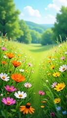 Fototapeta premium Lush wildflowers carpet vibrant green meadow under clear sky, nature, plant