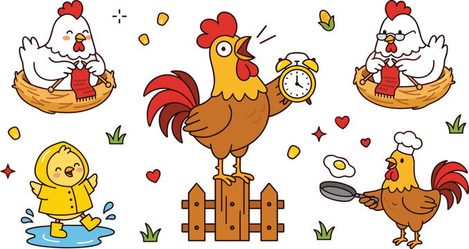 Cute farm rooster and hen collection with alarm clock cooking and rainy day cartoon chicken vector illustration set