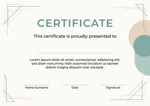 Modern minimalist certificate template with geometric line corners and abstract circles in sage green and beige. Vector horizontal diploma layout for award, course completion and recognition