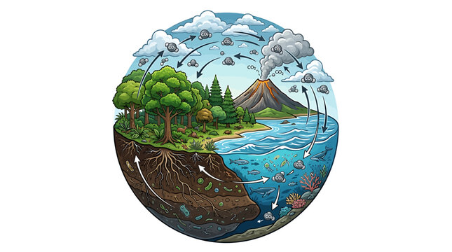 Global carbon cycle diagram in circular earth cross section