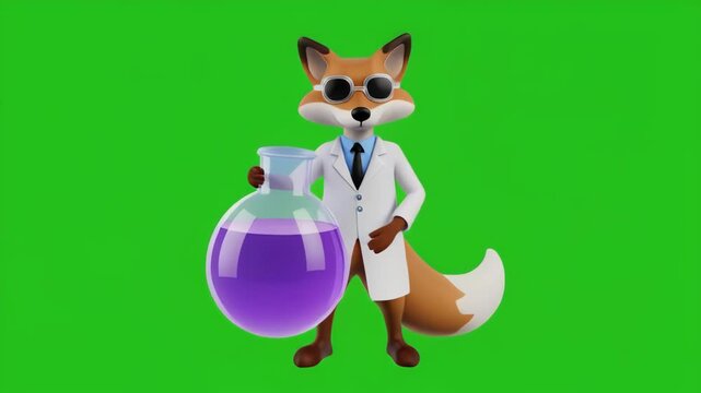Cute cartoon fox scientist in lab coat holding bubbling potion bottle with green screen background