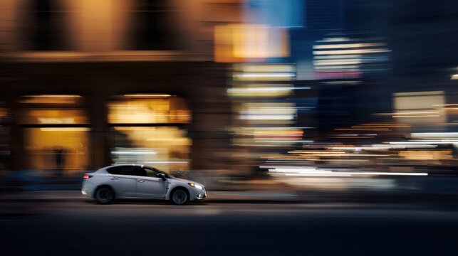 City street at night with a car driving fast past buildings and lights