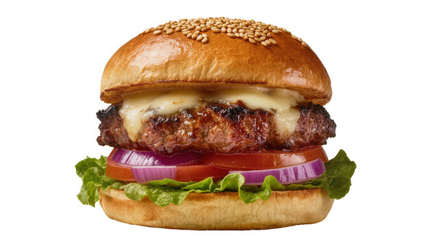 Juicy beef burger with melted cheese lettuce tomato, and onion
