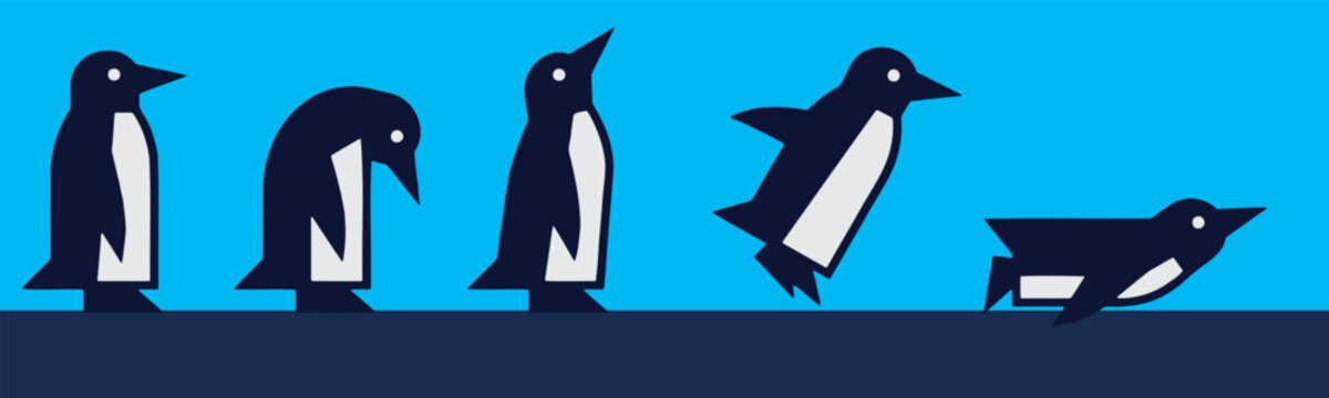 Penguin diving sequence illustration showing movement from standing to sliding on ice.