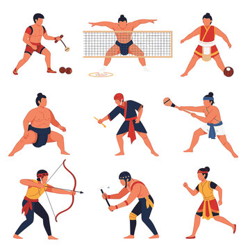 Flat vector illustration set of nine diverse athletes performing traditional sports like sumo, archery, hammer throwing, and cultural ball games, isolated on white for graphic design.