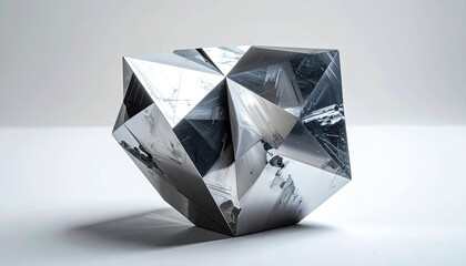 Fototapeta premium Reflective Crystal Cube Sculpture on White Surface
