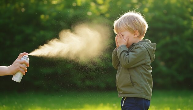 Young boy covers his face as insect repellent spray fills the air outdoors in sunlight