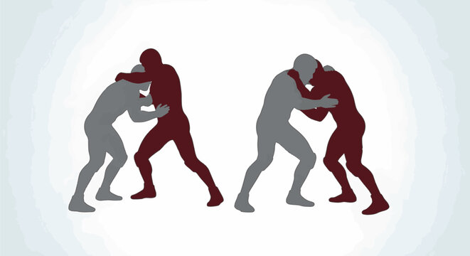 Two pairs of wrestler silhouettes in grappling positions, dark red and gray athletes clinching and competing on light gray background, professional sport vector illustration.
