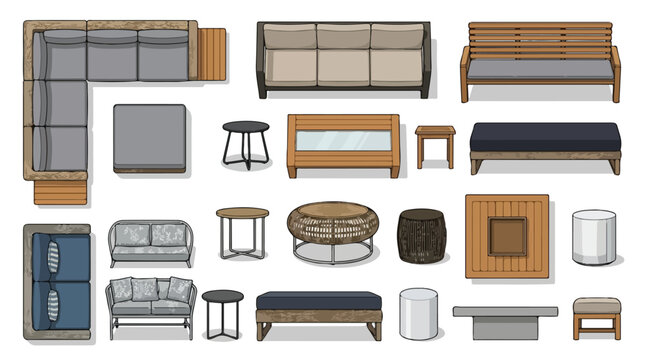 Modern outdoor furniture top view icons, 20 patio garden furniture vector elements, architectural plan symbols for terrace and landscape design