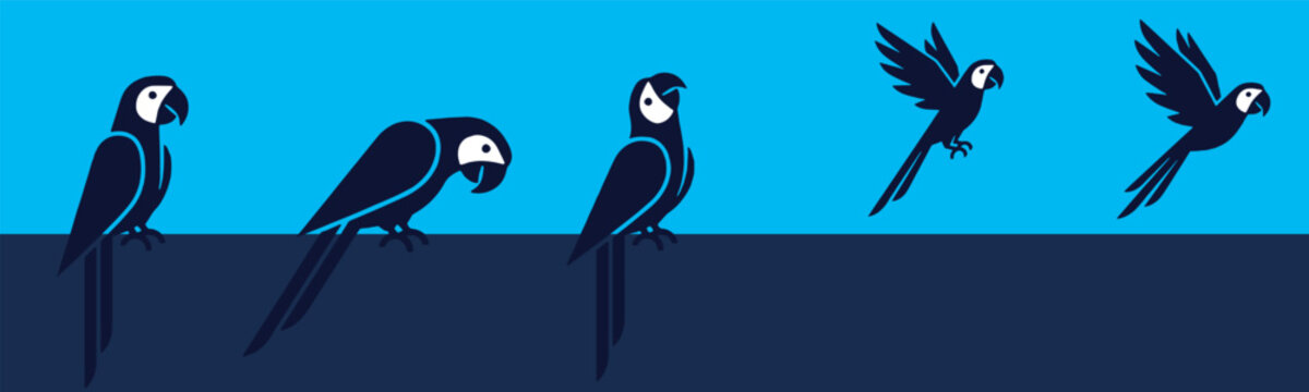 Illustration of blue parrots in various poses, including sitting and flying, against a blue background.