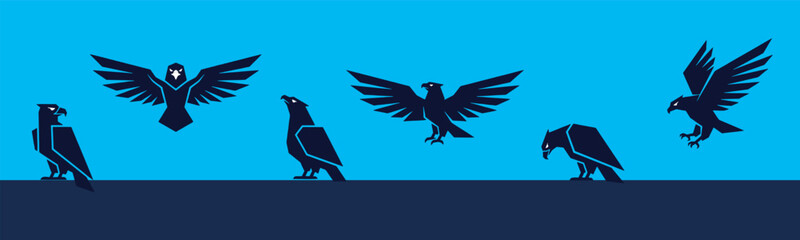 Obraz premium Set of dark blue raven and crow bird silhouettes in various poses on a bright blue background.