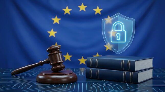 Digital data protection regulation concept european union flag background wooden gavel court books digital security lock shield icon symbolizing law compliance legal privacy data sovereignty.