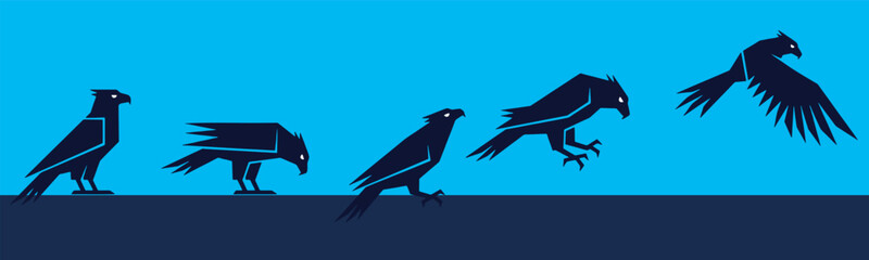 Obraz premium Stylized illustration of a crow taking flight, showing different stages of movement against a blue background.