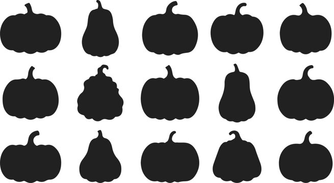 Black silhouettes of pumpkins bundle . white background. Halloween Vector flat illustration
