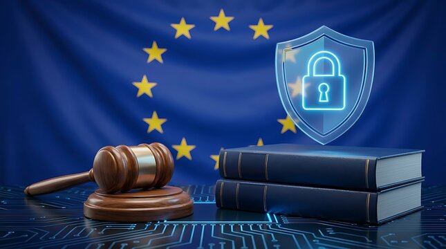 Digital data protection regulation concept european union flag background wooden gavel court books digital security lock shield icon symbolizing law compliance legal privacy data sovereignty.