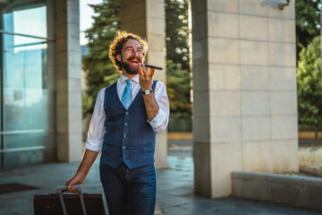 Fototapeta premium Happy businessman talking on phone walking with luggage