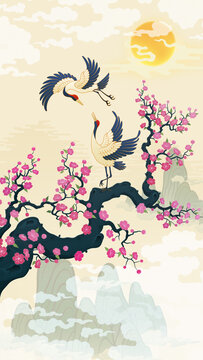 Traditional Korean folk painting, landscape with cranes, ultra-high-definition illustration, traditional East Asian art