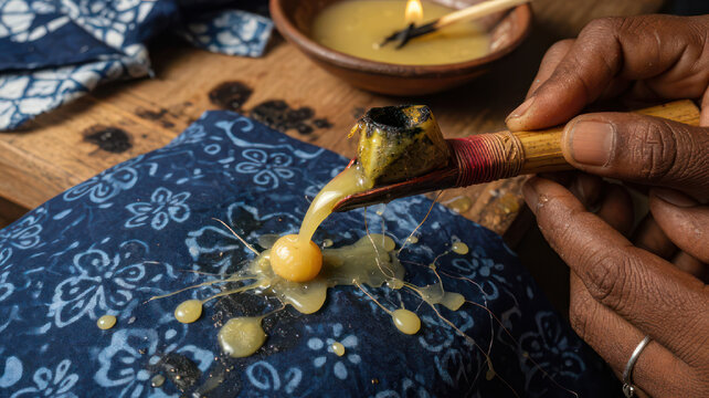 Close up of hands applying hot wax to fabric for batik art.