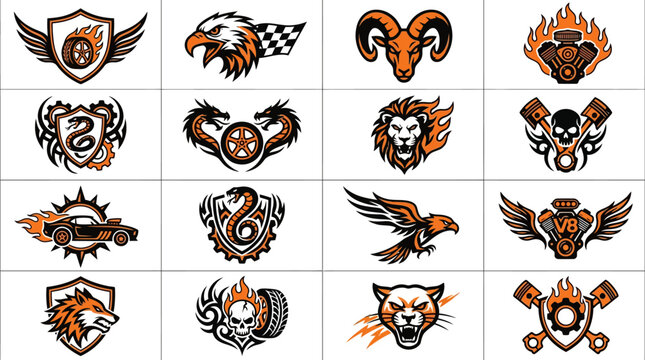 Automotive racing mascot icons with animals and engines
