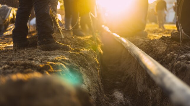 Workers dig a trench for utility installation during sunset in a construction site