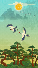 Naklejka premium Traditional Korean folk painting, landscape with cranes, ultra-high-definition illustration, traditional East Asian art
