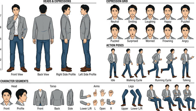 Professional man character reference kit vector graphic with modular segments face grid and various body gestures