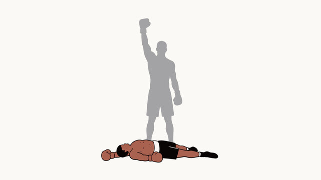 Silhouette of a victorious boxer raising a gloved hand in triumph while his defeated