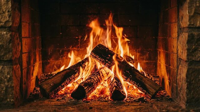 Fire frame with black background and flames concept. Cozy burning wood fire with bright flames in a stone fireplace for warmth and comfort