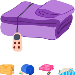 Plakat Various designs of heated blankets are presented, featuring different colors and styles, each equipped with its own control panel, illustrating cozy home essentials for cold weather and relaxation