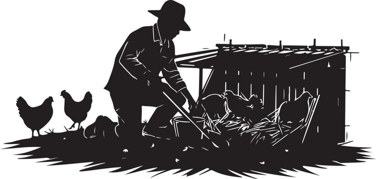Silhouette of farmer feeding chickens, coop and fowl