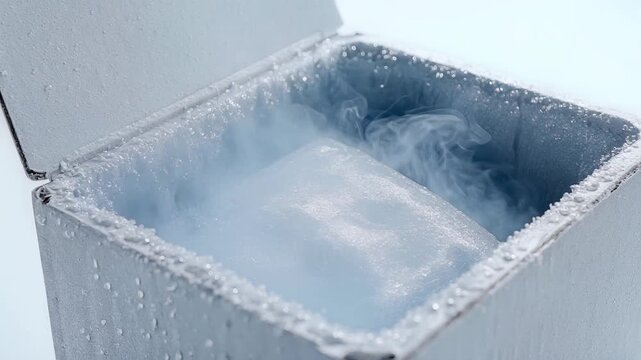 Close-up of cryogenic storage container with dense vapor billowing, showcasing frozen material emitting cold mist, industrial science, symbolizing preservation