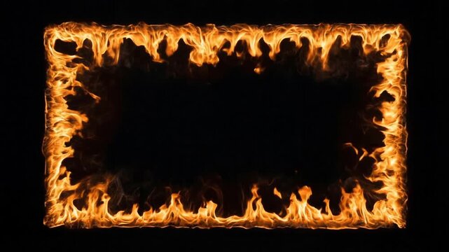 Flaming fire frame with burning orange flames and black background for design and decoration